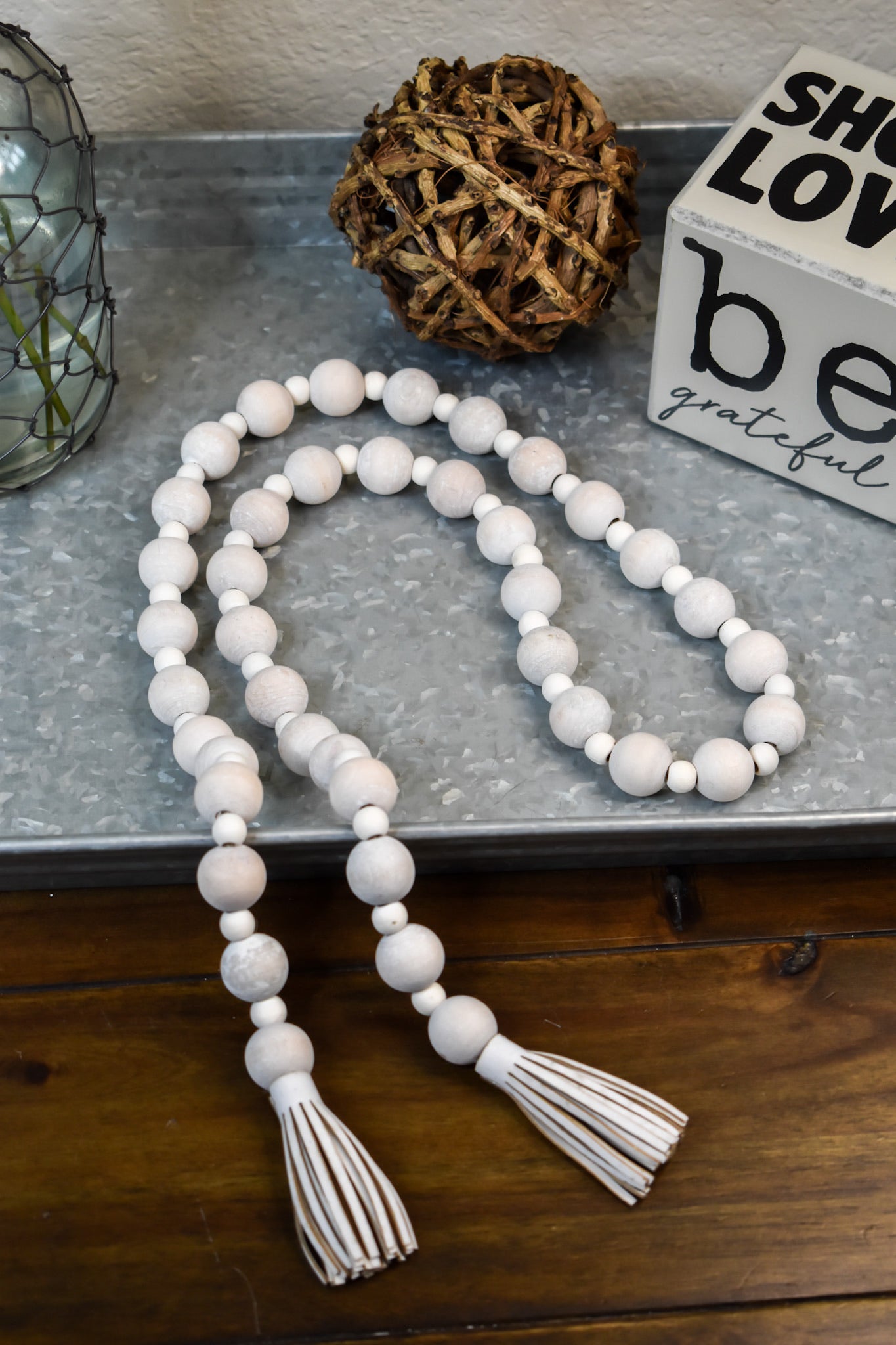 Wood Bead Garland Distressed with Tassels